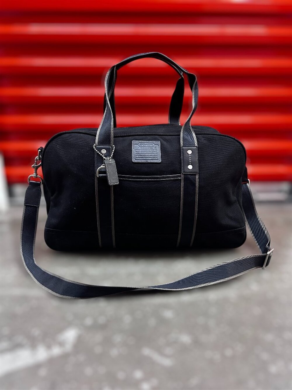 Coach black duffle bag canvas leather trim weekender travel gym bag unisex
